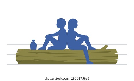 Two people sitting relaxed together on a log in flat two-color silhouette vector ideal for friendship and outdoor rest content