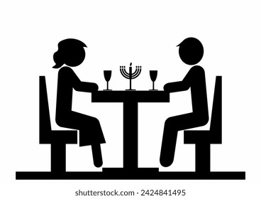 two people sitting in a restaurant, candlestick on desk, food and drink, black silhouette, vector web symbol, illustration