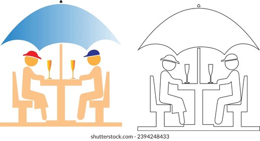 two people sitting in a restaurant under an umbrella, wineglass, black silhouette, vector web symbol .