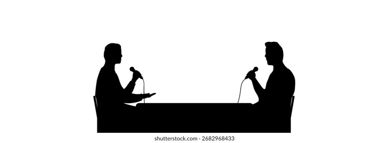 Duas pessoas sentadas à mesa e discutindo, reunião de negócios, entrevista ou discussão. Silhueta de pessoas.