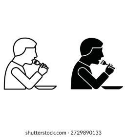 Two people sitting at a table eating with forks and knives in a black and white line