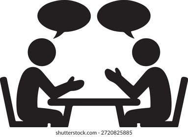 Duas pessoas sentadas em uma mesa se envolveram em conversas com balões de fala acima de suas cabeças simbolizando diálogo e comunicação.