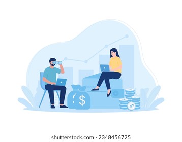 Two people sitting at table with laptop and graphics trending concept flat illustration