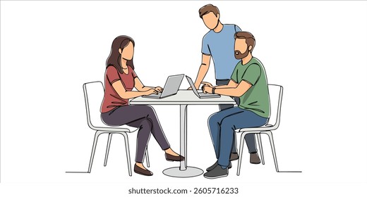 two people sitting at a table with a laptop and asking a young man continuous single line art drawing sketch on white background