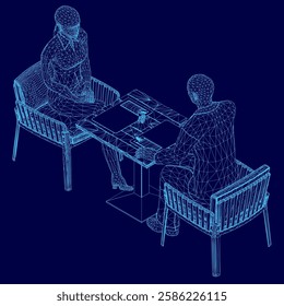 Two people sitting at a table. The man is wearing a suit and tie. Isometric view
