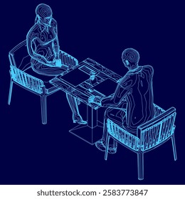 Two people sitting at a table, one of them is wearing a tie. The table is made of wood and has a glass top. The chairs are made of wicker and are arranged in a way that they face each other. Isometric