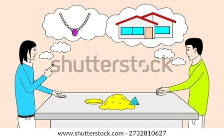 Two people are sitting at a table, one of them is trying to take a gold. The other person is looking at a house