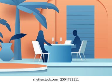 Dos personas sentadas en la mesa en el entorno tropical con la palmera y el fondo naranja diseño minimalista moderno