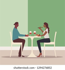 Two people sitting, talking and having lunch. Vector illustration, isolated on beautiful background. - Vector