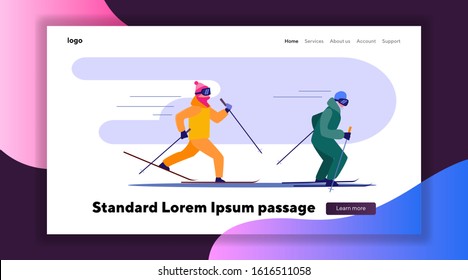 Two people skiing fast in row. Two skiers competing on track flat vector illustration. Winter outdoor activities concept for banner, website design or landing web page