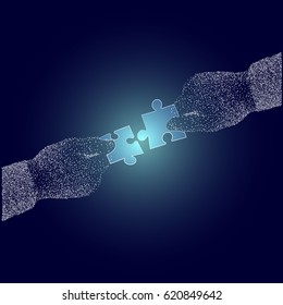 Two people solve, the problem. Collect puzzle together. Vector illustration
