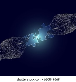 Two people solve, the problem. Collect puzzle together. Vector illustration