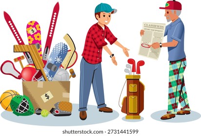 Zwei Personen sortieren und organisieren persönliche Gegenstände, darunter Sportgeräte und eine Zeitung, die Aktivitäten wie das Bewegen, Entrümpeln oder Vorbereiten von Gegenständen für einen Flohmarkt oder eine Selbstlagerung vorschlagen.  