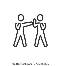 Duas pessoas brigando, ícone linear. Prática de boxe e treinamento de autodefesa. Linha com traçado editável.