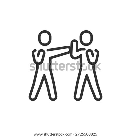 Two people sparring, linear icon. Boxing practice and self defense training. Line with editable stroke.