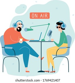 Two people speaking on radio. Broadcasting illustration. Drawing of two men hosting a podcast. Male blogger podcaster, broadcaster at workspace. Guest on air. Cartoon flat style vector character.