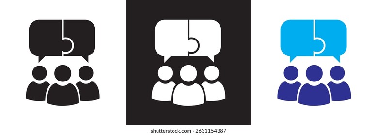 Duas pessoas falando com o ícone de balões de fala do quebra-cabeça.  Diálogo e elemento de vetor de resolução de problemas. Vetor para sites, interfaces móveis, logp, apresentações, banner, marca visual etc. EPS 10