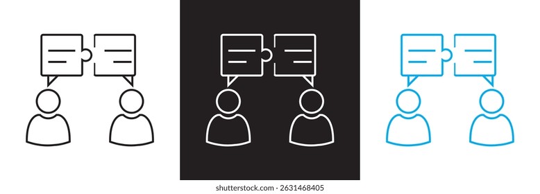 Duas pessoas falando com o ícone de balões de fala do quebra-cabeça.  Diálogo e elemento de vetor de resolução de problemas. Vetor para sites, interfaces móveis, logp, apresentações, banner, marca visual etc. EPS 10