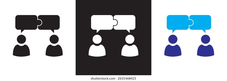 Duas pessoas falando com o ícone de balões de fala do quebra-cabeça.  Diálogo e elemento de vetor de resolução de problemas. Vetor para sites, interfaces móveis, logp, apresentações, banner, marca visual etc. EPS 10