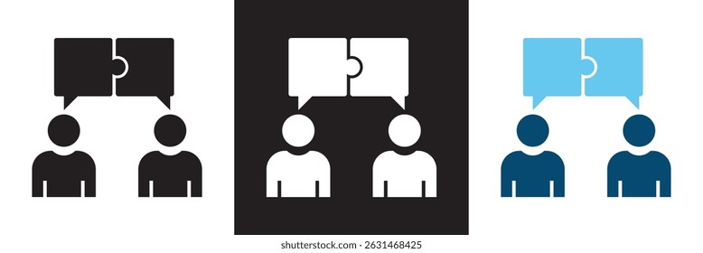Duas pessoas falando com o ícone de balões de fala do quebra-cabeça.  Diálogo e elemento de vetor de resolução de problemas. Vetor para sites, interfaces móveis, logp, apresentações, banner, marca visual etc. EPS 10