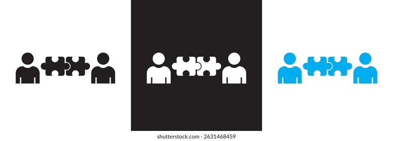 Duas pessoas falando com o ícone de balões de fala do quebra-cabeça.  Diálogo e elemento de vetor de resolução de problemas. Vetor para sites, interfaces móveis, logp, apresentações, banner, marca visual etc. EPS 10