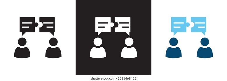 Duas pessoas falando com o ícone de balões de fala do quebra-cabeça.  Diálogo e elemento de vetor de resolução de problemas. Vetor para sites, interfaces móveis, logp, apresentações, banner, marca visual etc. EPS 10