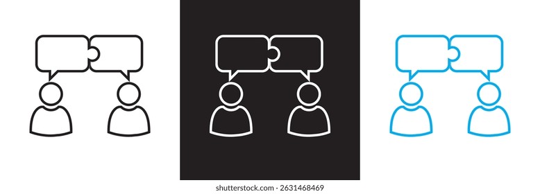 Duas pessoas falando com o ícone de balões de fala do quebra-cabeça.  Diálogo e elemento de vetor de resolução de problemas. Vetor para sites, interfaces móveis, logp, apresentações, banner, marca visual etc. EPS 10