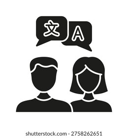 Two People With Speech Bubbles Solid Icon. Language Translation And Communication Silhouette Symbol. Multilingual Interaction And Interpretation. Isolated Vector Illustration.