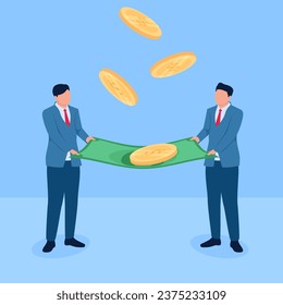 Two people spread banknotes to each other to accommodate fallen coins, a metaphor for teamwork