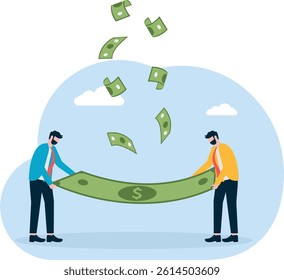 Two people spread banknotes to each other to accommodate fallen coins, a metaphor for teamwork

