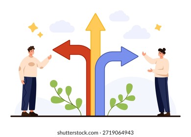 Duas pessoas ficam ao lado de três grandes setas apontando em direções diferentes, simbolizando a tomada de decisão, opções e conceito de escolha isolado na ilustração do vetor de fundo branco