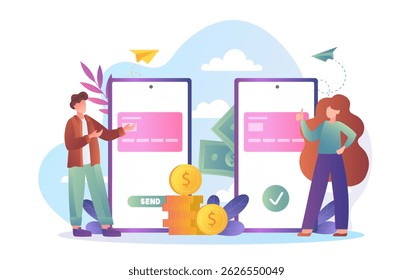Two people stand by smartphones exchanging money via digital wallets, in a flat cartoon style, on a white abstract background. Concept of online transactions. Vector illustration