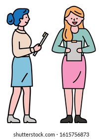 Two people stand with clipboards with notes for recruitment. Manager talk to lady about work, employment interview. Women hold notepad with important documentation. Vector illustration in flat style