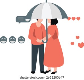 Duas pessoas se mantêm unidas sob um guarda-chuva, compartilhando calor e proteção contra a chuva. Eles desfrutam de um momento acolhedor, intimidade, companheirismo, romance e o conforto da presença um do outro.