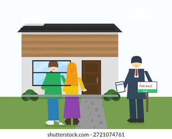 Dos personas se paran frente a una casa con un letrero de venta mientras un agente de bienes raíces sostiene un letrero de venta cerca. La escena muestra la emoción de una nueva compra de una casa.