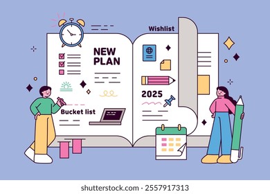 Two people stand in front of a large notebook, holding pens. The notebook contains New Year's resolutions and various lists. outline simple vector illustration.