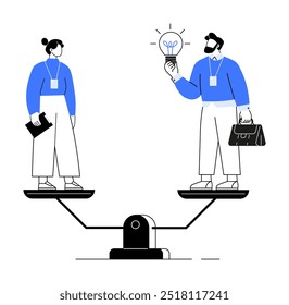 Duas pessoas estão em lados opostos de uma escala, simbolizando a igualdade. Eles possuem itens de negócios e compartilham ideias, destacando o equilíbrio de gênero, o trabalho em equipe, a inovação e o crescimento da carreira. Ideal para diversidade