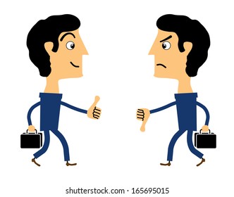 Two people stand and show each other marks "Good" and "Bad"