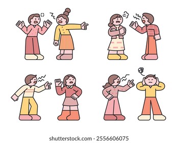 Two people standing, arguing, arguing and getting angry. Illustration of small and cute character people.