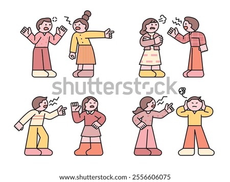 Two people standing, arguing, arguing and getting angry. Illustration of small and cute character people.