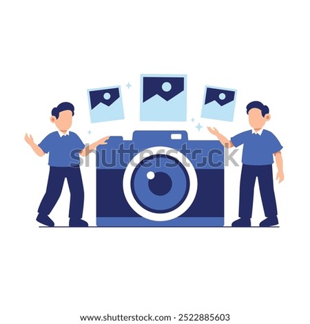 Two people standing by a large camera, surrounded by images, a modern illustration representing photography.