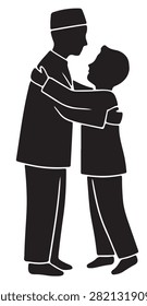 Two people standing and embracing in simple affectionate silhouette icon style