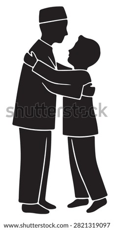 Two people standing and embracing in simple affectionate silhouette icon style