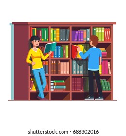 Two people standing in front of big wooden bookcase. Woman reading book. Man picking and taking out book from library bookshelf. Flat style vector illustration isolated on white.