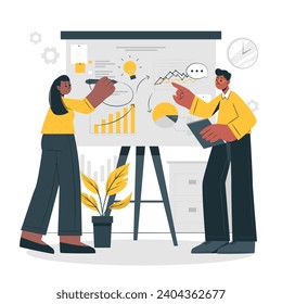 zwei Personen, die vor einem Whiteboard stehen, mit Diagrammen darauf, Marketing-Illustration, flache Illustration, Marketing-Game-Illustration