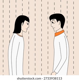 Two people are standing and looking each other. One of them is wearing a white shirt and the other is wearing a white shirt and an orange tie