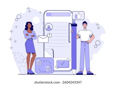 Two people standing near a giant smartphone screen showing profile, message icon, and like symbol, flat style on abstract background. Concept of digital communication. Vector illustration