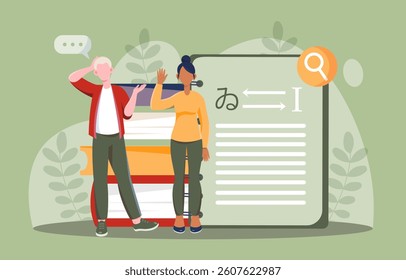 Two people standing near a stack of books and a large translation screen, flat graphic style on green background, concept of multilingual communication. Vector illustration
