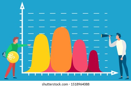 Two people standing near statistics chart, data board and looking on it. Man with light bulb in hand and another one with magnifying glass. Vector illustration flat style