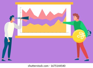 Two people standing near statistics chart and looking on it. Man with light bulb in hand. Business tools for innovations and cooperation. Vector illustration flat style
